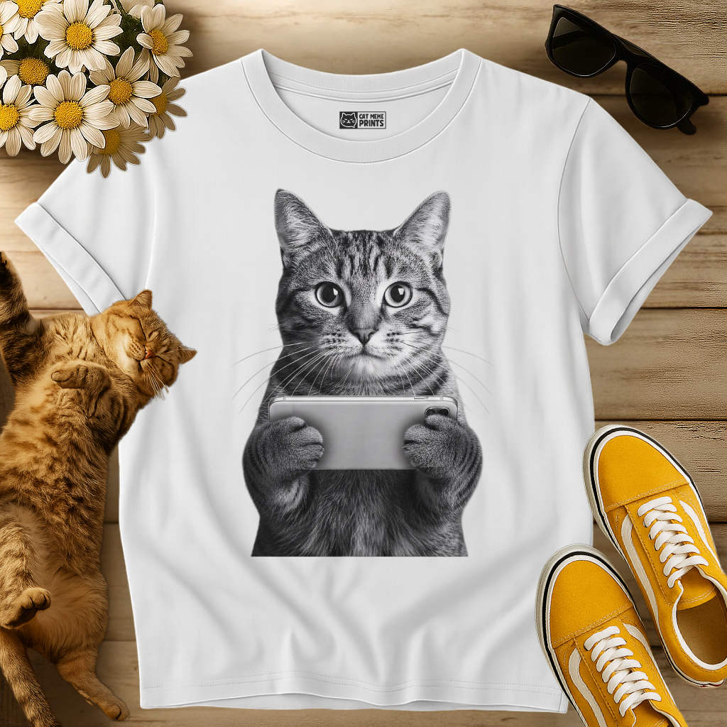 Tabby Cat Holding a Phone T-Shirt