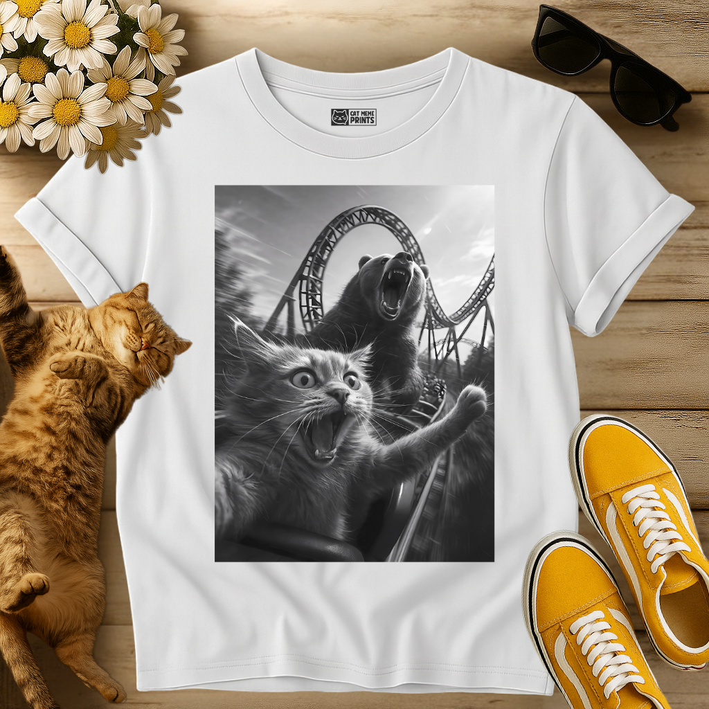Cat Selfie with a Bear on a Roller Coaster T-Shirt