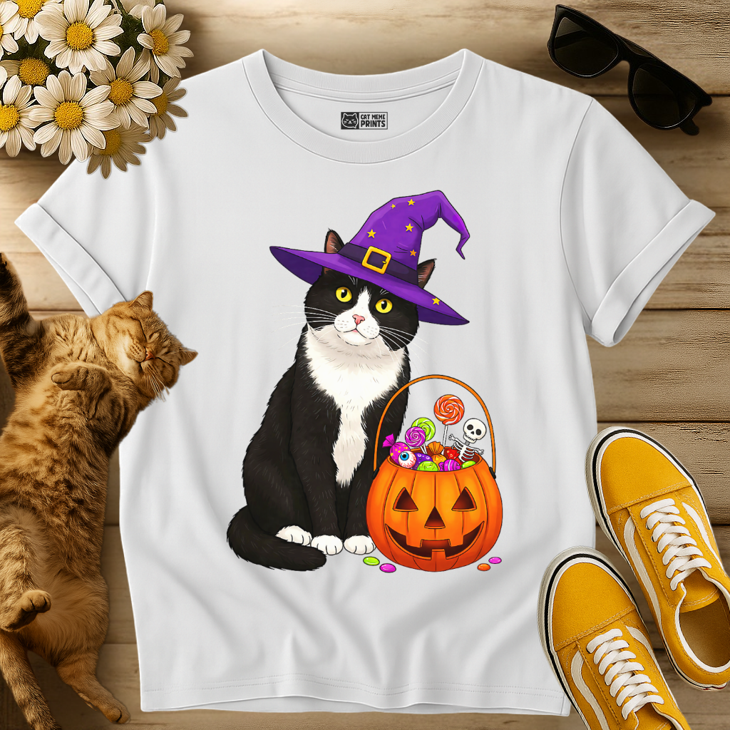 Witch Cat with Pumpkin Candy Basket T-Shirt