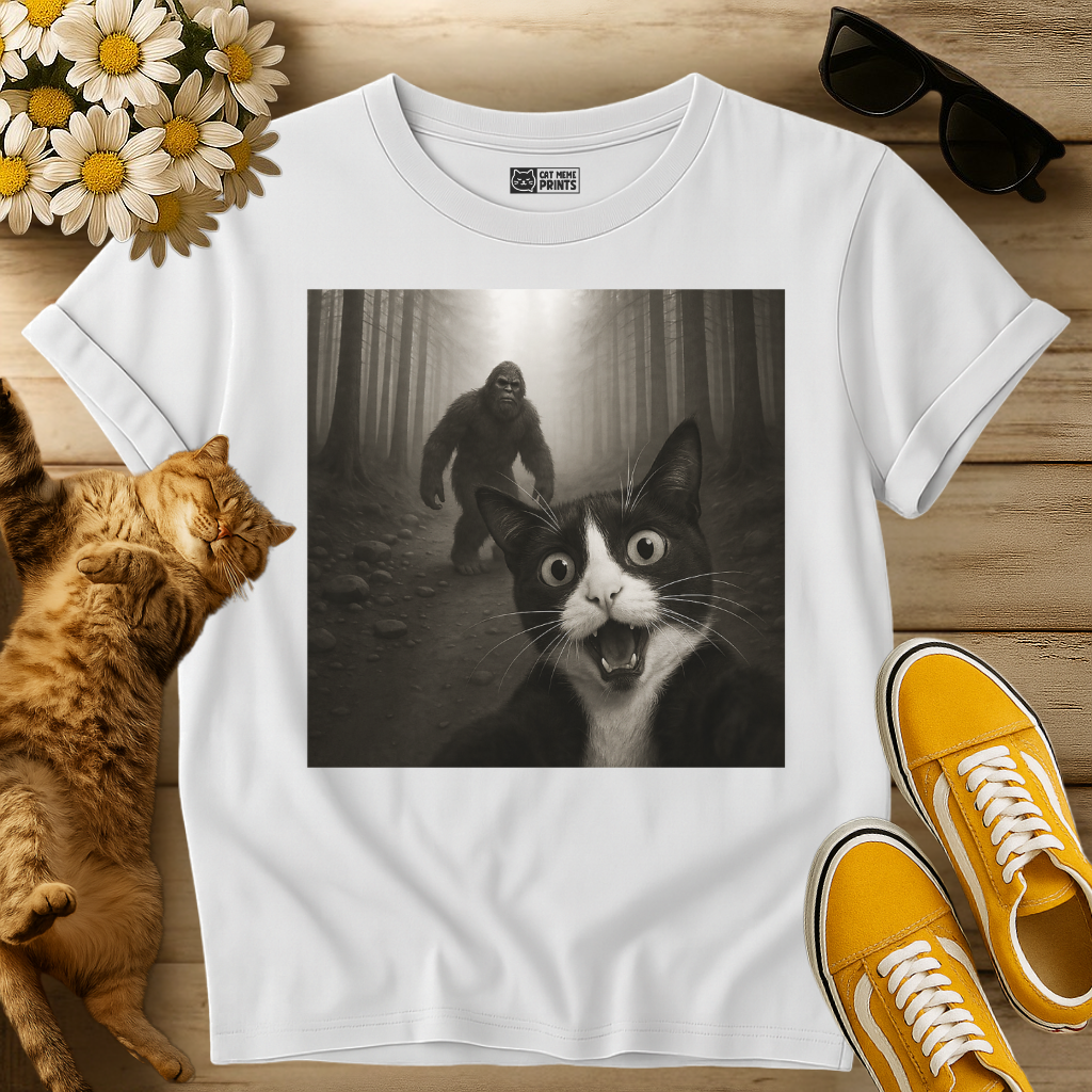 Tuxedo Cat Selfie with Bigfoot T-Shirt