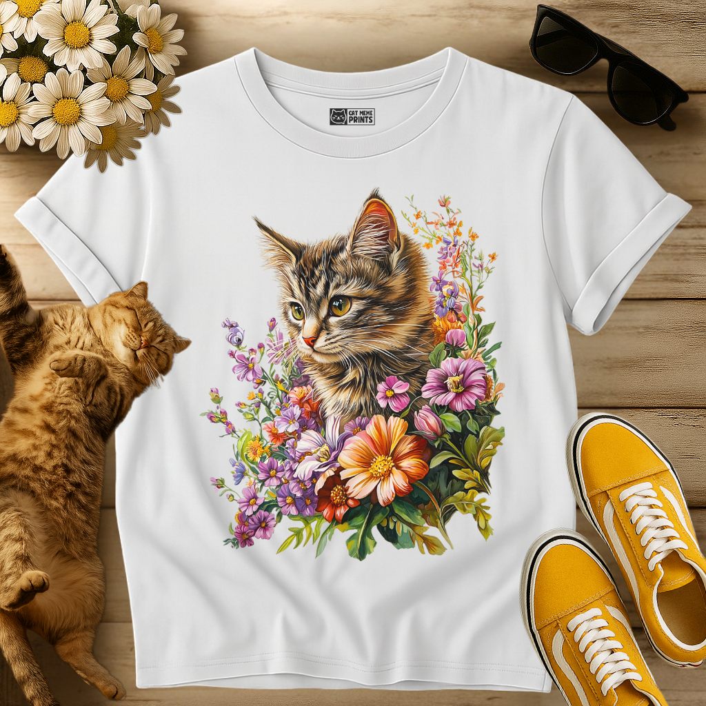 Cute Kitten Floral Graphic T-Shirt