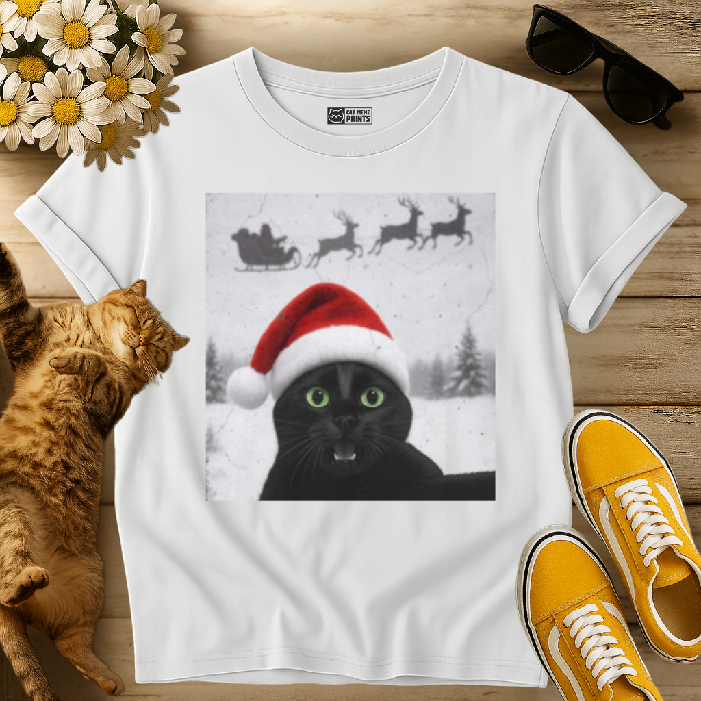 Black Cat Selfie with Santa Sleigh T-Shirt