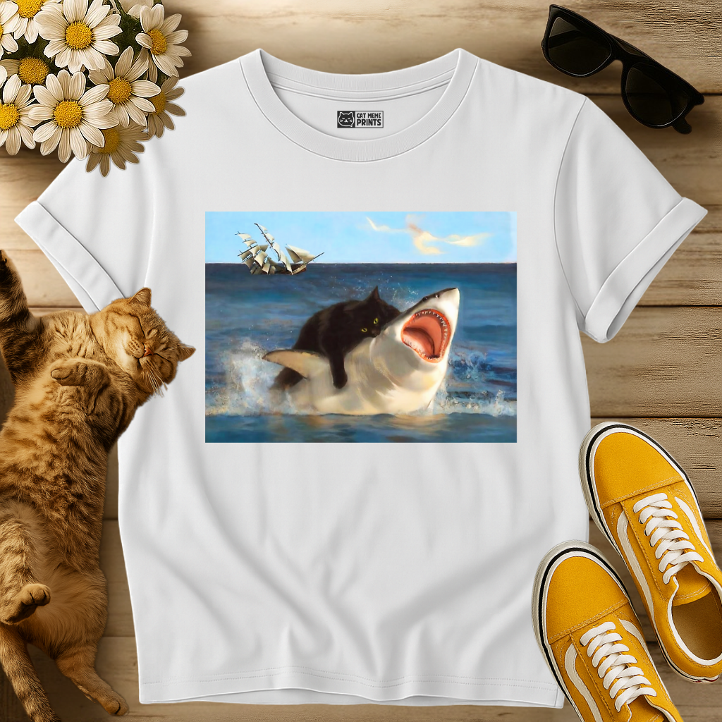 Black Cat Riding Shark Ocean Selfie T-Shirt
