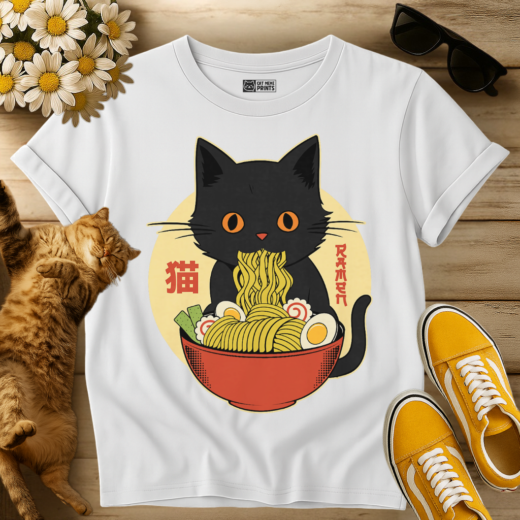 Kawaii Cat Eating Ramen Noodles T-Shirt