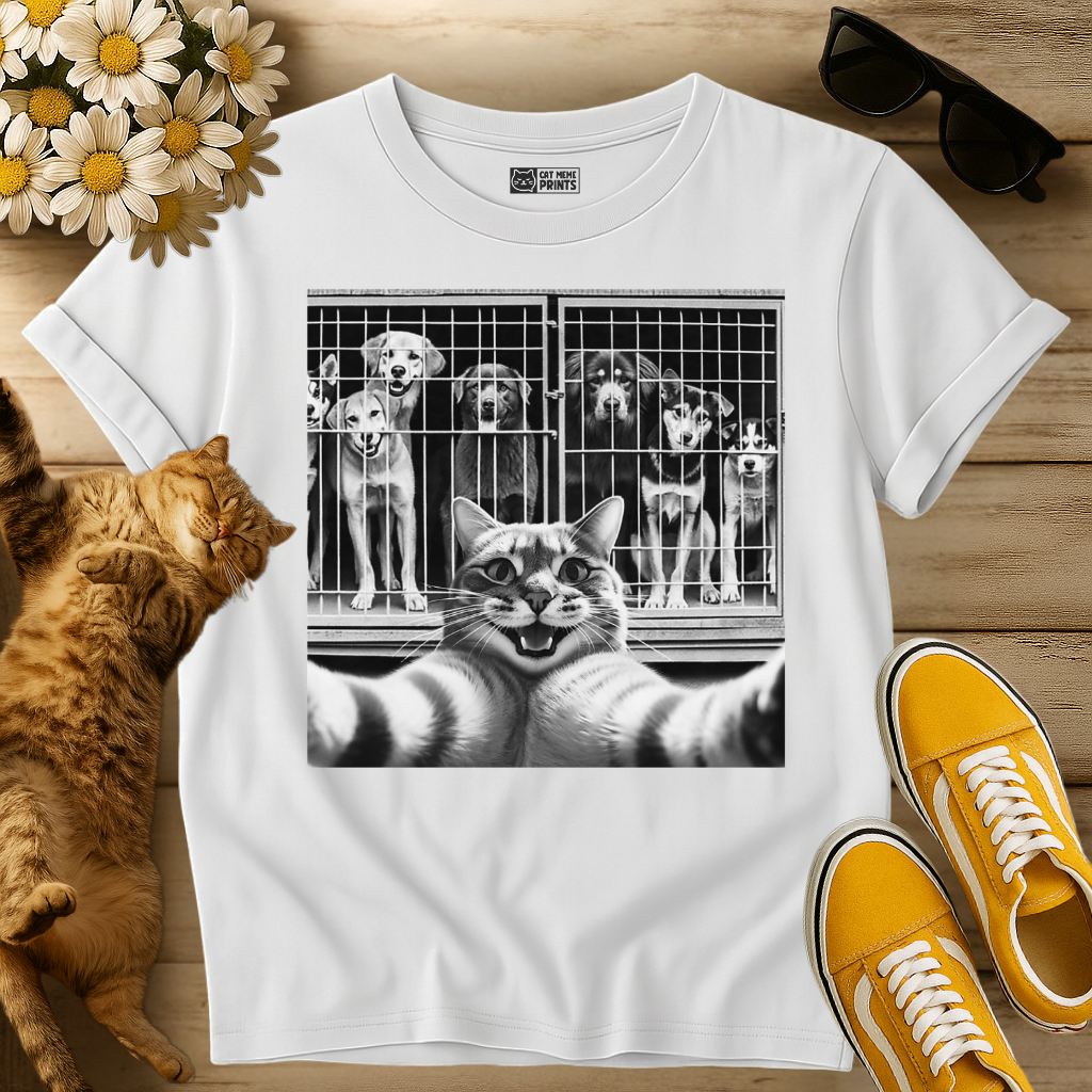 Cat Selfie with Dogs in a Cage T-Shirt