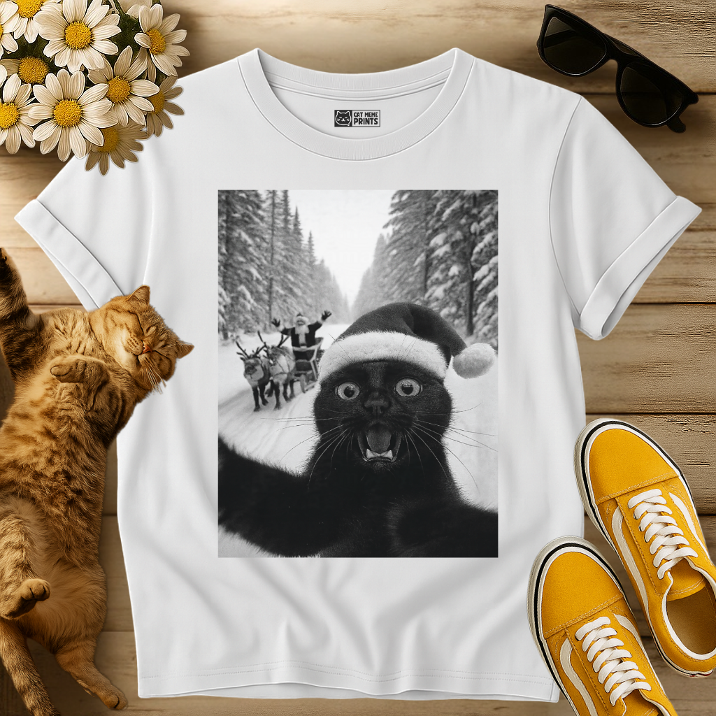 Black Cat Selfie with Santa T-Shirt