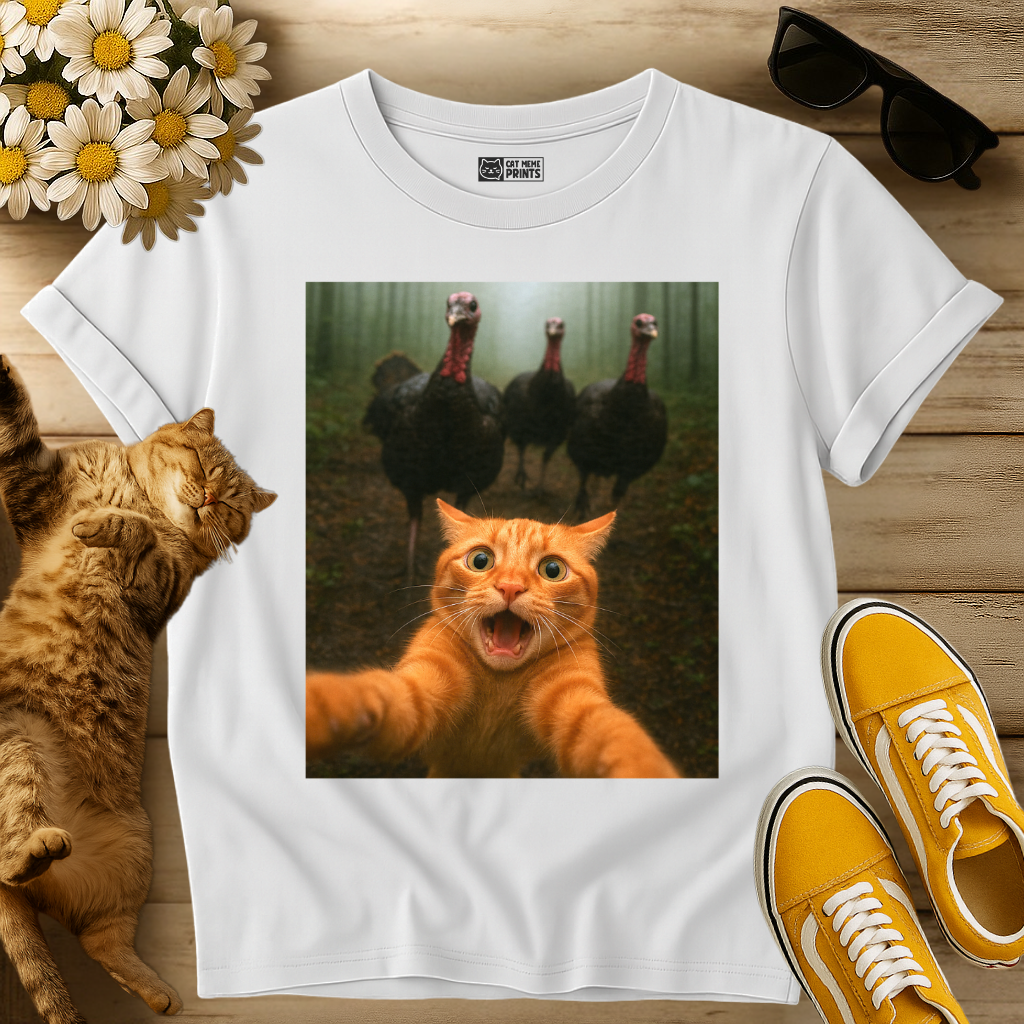 Cat Selfie Turkey Chase Thanksgiving T-Shirt