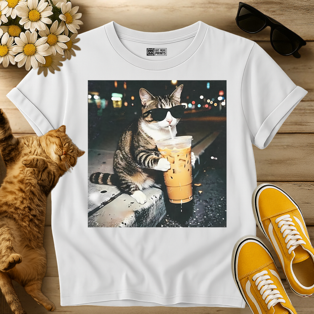 Cat Drinking Iced Coffee T-Shirt