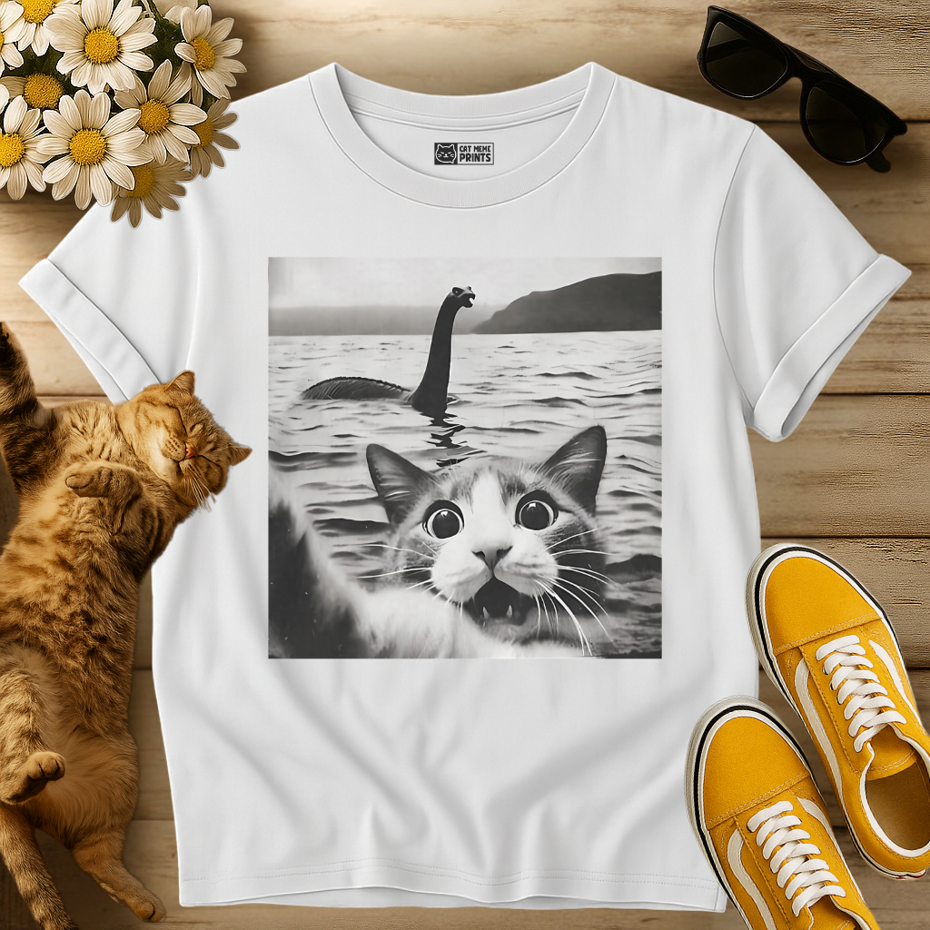 Cat Selfie with Loch Ness Monster T-Shirt