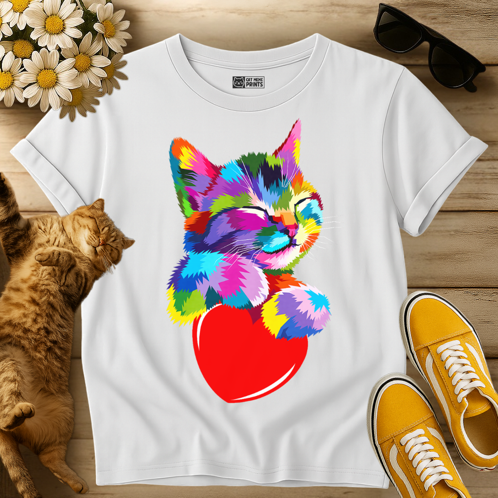 Cute Kitty Hugging Heart Rainbow T-Shirt