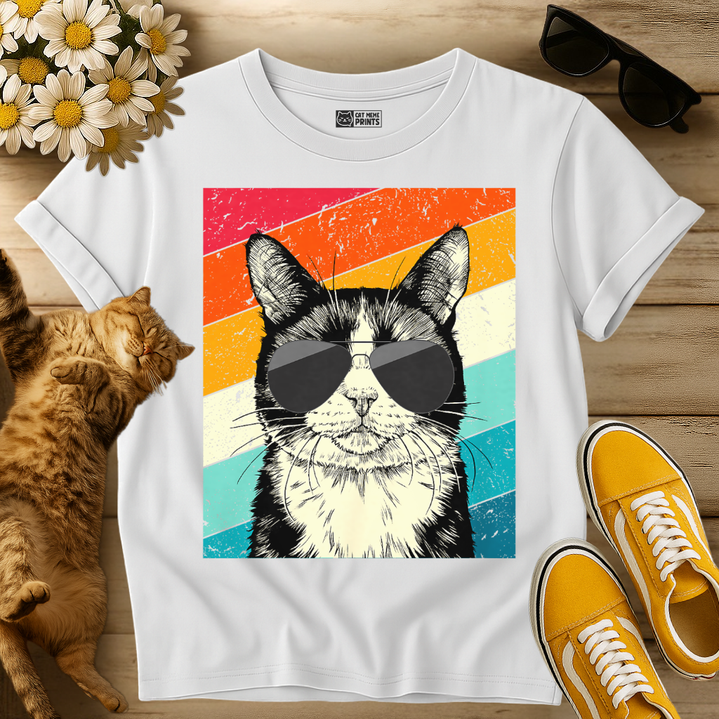 Tuxedo Cat with Sunglasses Retro Vintage T-Shirt