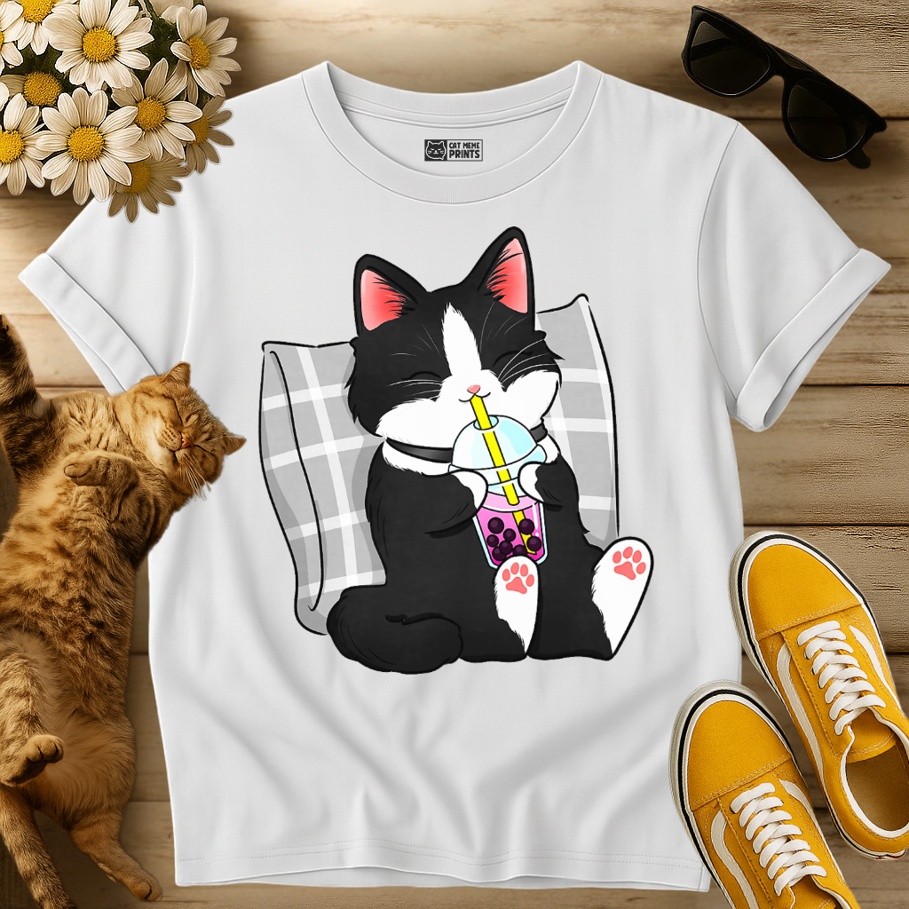 Tuxedo Cat Drinking Boba Milk Tea T-Shirt