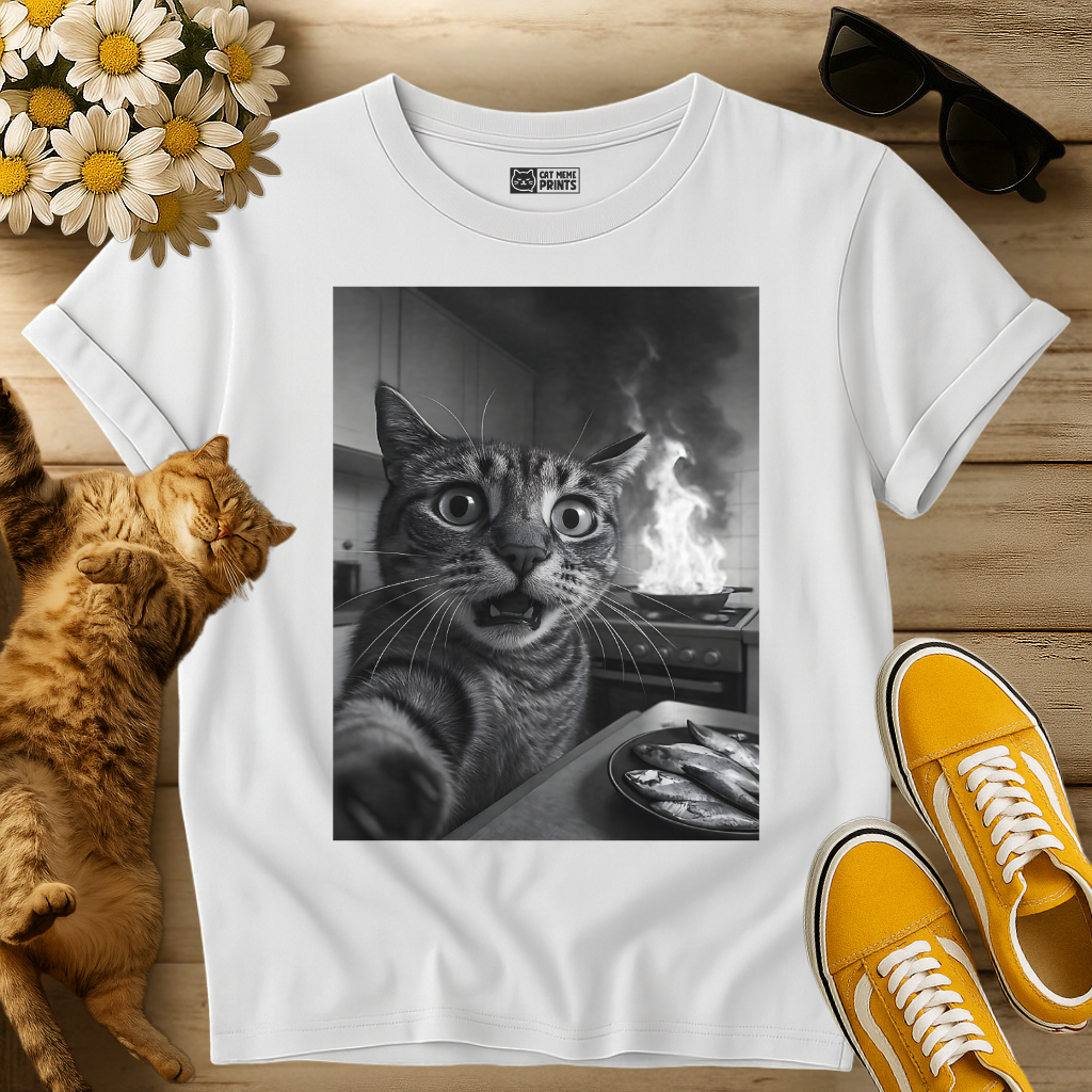 Cat Selfie with Burning Kitchen T-Shirt