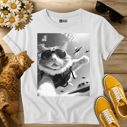Skydiving Cat Selfie with Alien UFOs T-Shirt