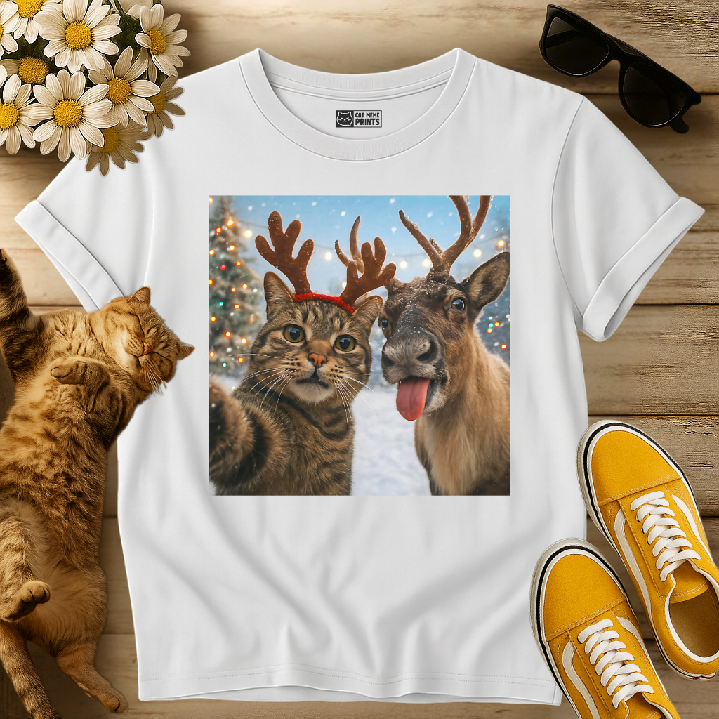 Cat Selfie With Reindeer T-Shirt