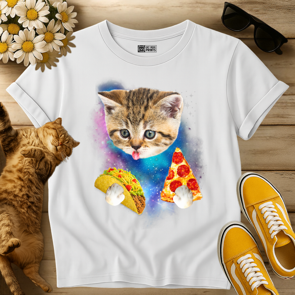 Cat Eat Pizza & Taco in Galaxy Space T-Shirt