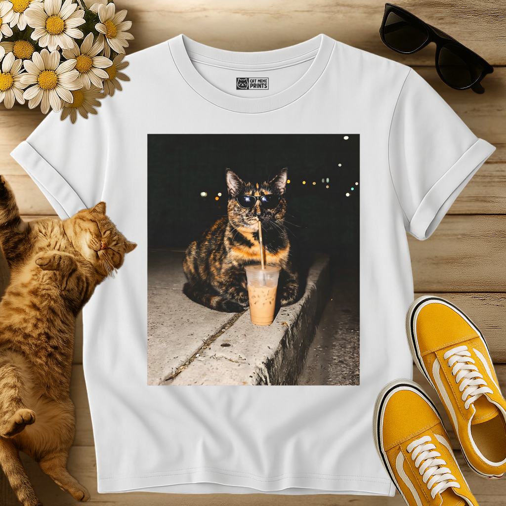 Tortoiseshell Cat Drinking Iced Coffee T-Shirt