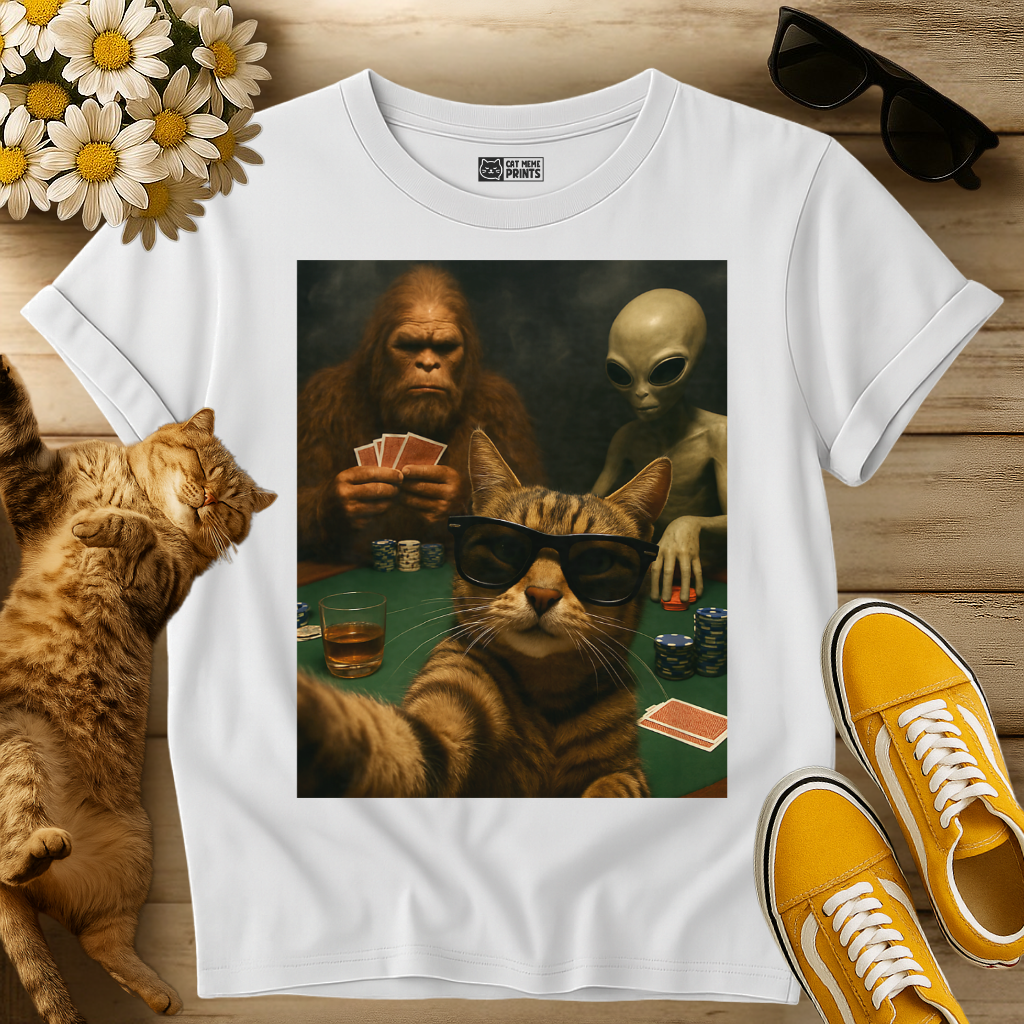 Cat Poker Selfie Bigfoot & Alien T-Shirt